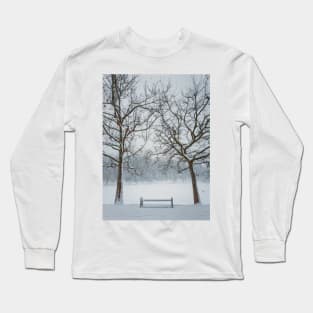 a bench under the snowy trees Long Sleeve T-Shirt